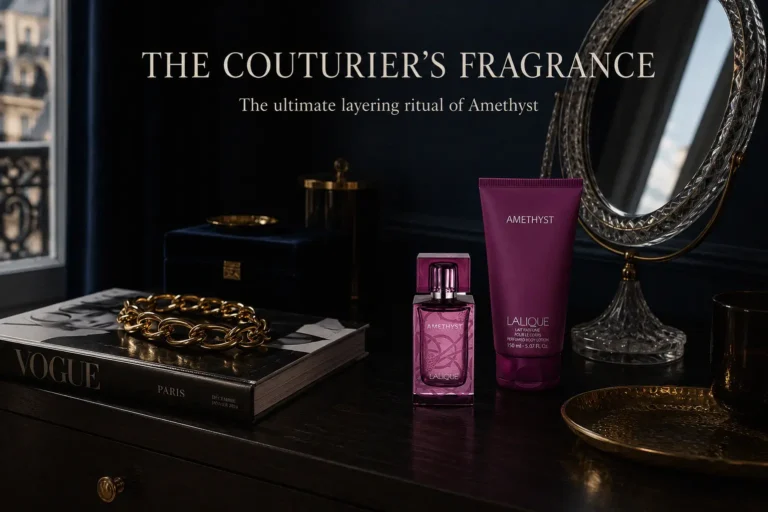 A purple gemstone-inspired Lalique Amethyst perfume bottle next to a matching body lotion tube.