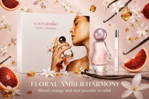 Sculptural glass perfume bottle with a small travel spray on a clean, luxury vanity setup.