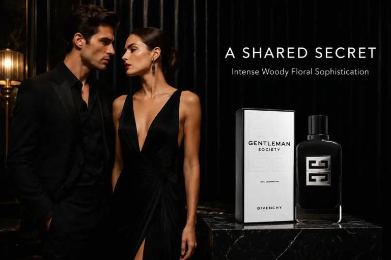 Deep black lacquered Givenchy Gentleman Society bottle with a silver 4G logo on a clean background.