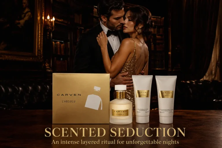 A luxury white and gold box containing Carven L'Absolu perfume, body lotion, and shower gel bottles.