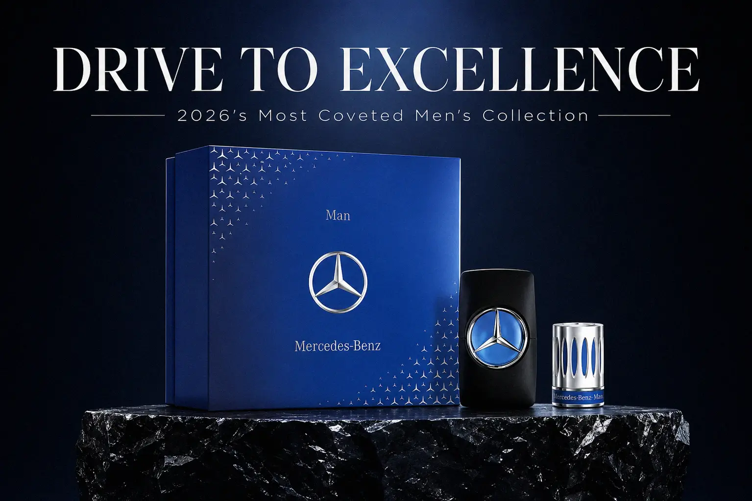 A Mercedes-Benz Man Gift Set featuring a black bottle, shower gel, and after-shave balm on a dark surface.