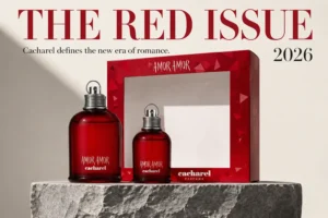 Two red glass perfume bottles with silver wire coils, 3.4 oz and 1.0 oz, in a gift set arrangement.