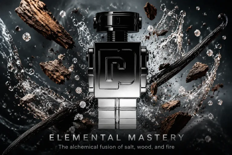 Robot-shaped fragrance bottle with a black-to-silver gradient finish and a metallic sprayer.