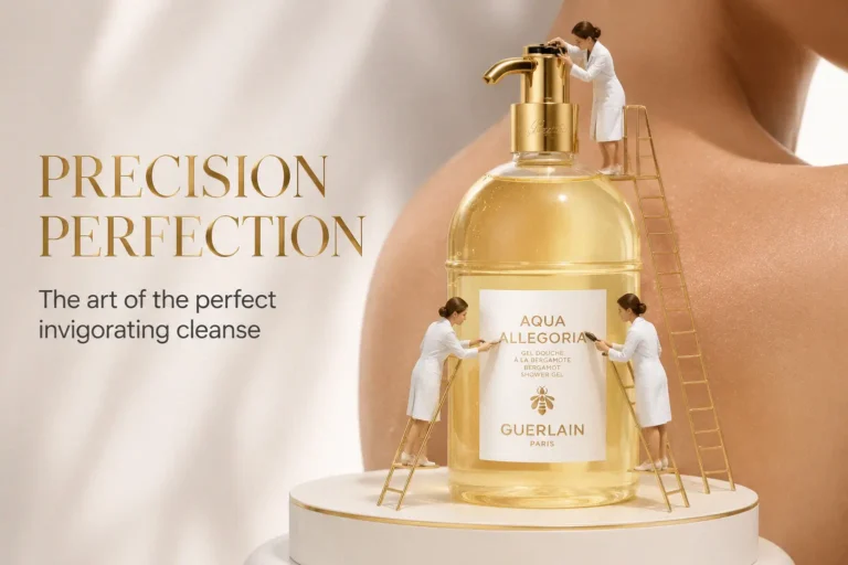 A sleek 200ml bottle of Guerlain Aqua Allegoria Bergamote Shower Gel on a polished bathroom counter.