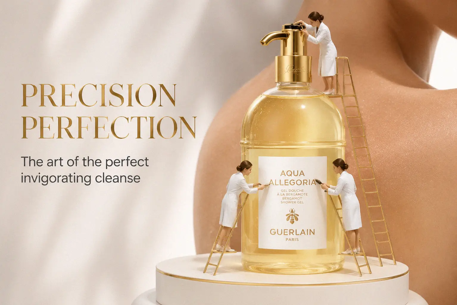 A sleek 200ml bottle of Guerlain Aqua Allegoria Bergamote Shower Gel on a polished bathroom counter.