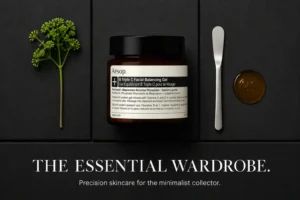 Amber glass jar of Aesop B Triple C Facial Balancing Gel on a clean, minimalist vanity surface.