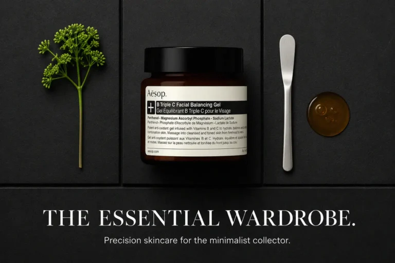 Amber glass jar of Aesop B Triple C Facial Balancing Gel on a clean, minimalist vanity surface.