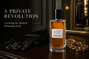 Sleek 100ml Edward Bess La Femme Boheme glass perfume bottle with minimalist labeling and elegant cap.