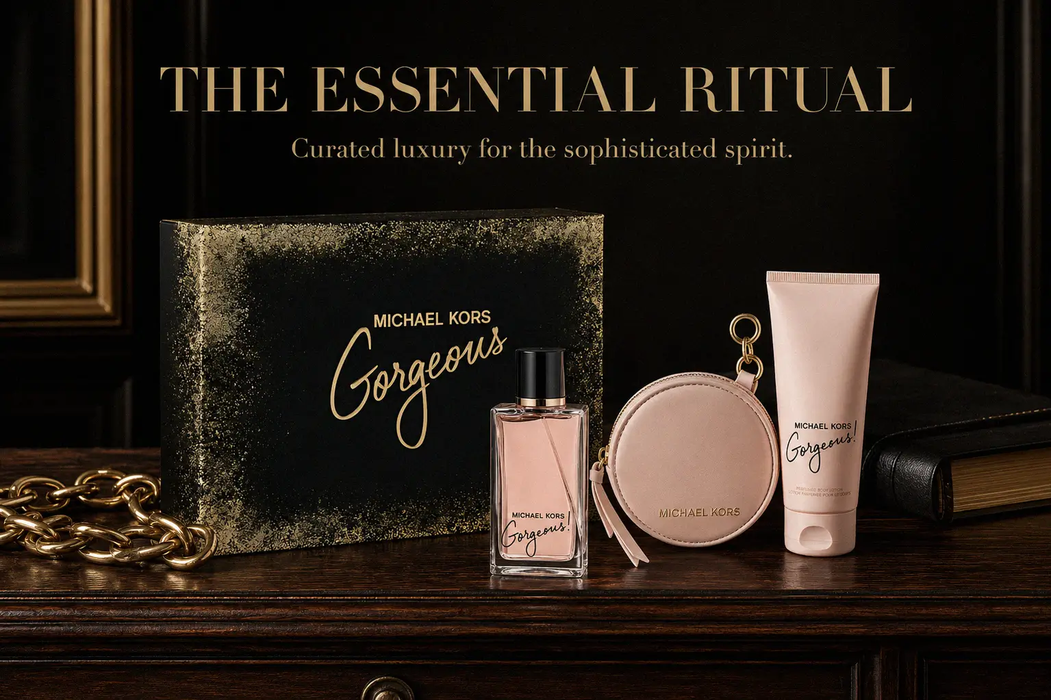 Michael Kors Gorgeous perfume bottle next to a white lotion tube and a gold-toned round purse.