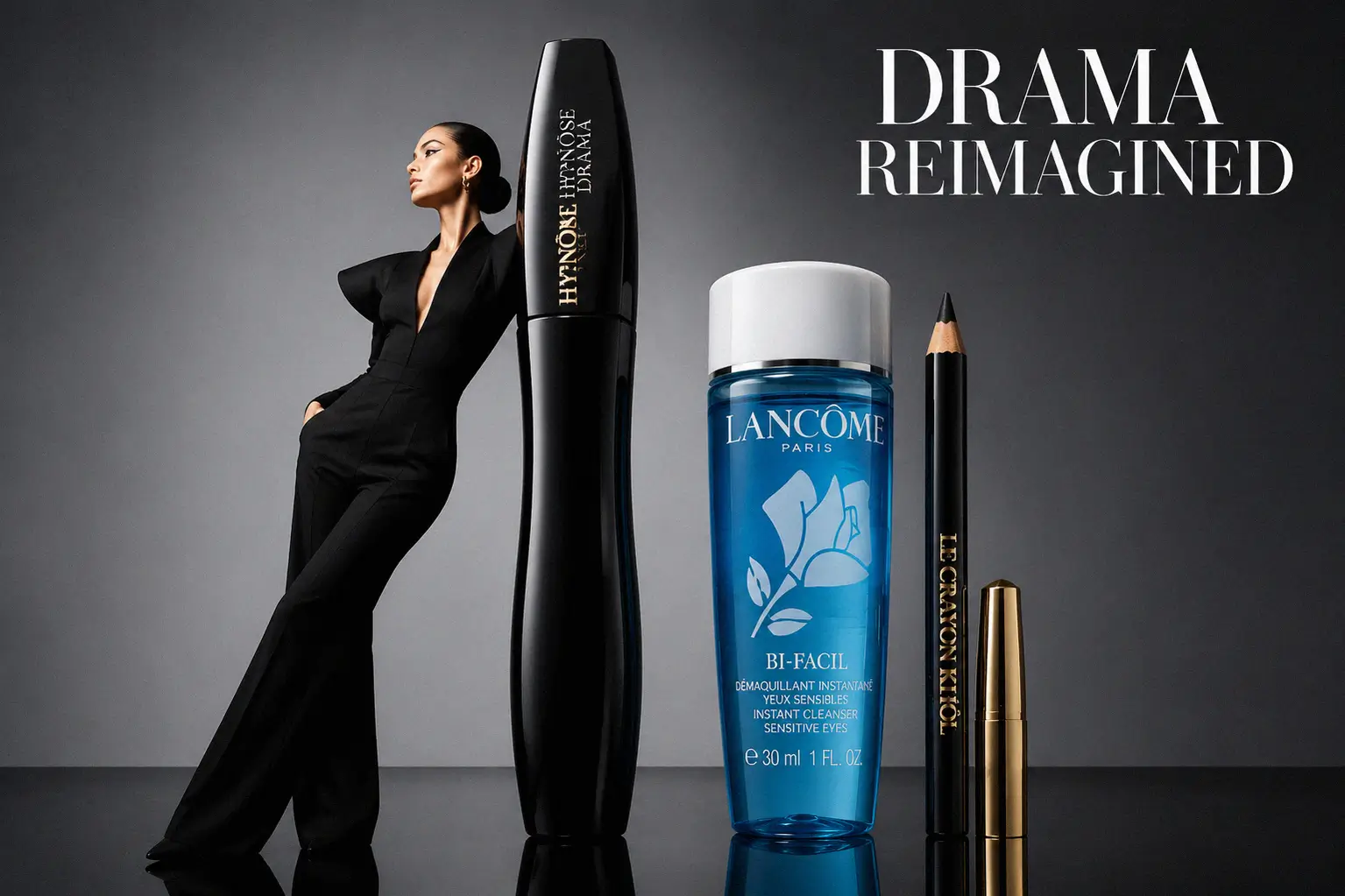 Three-piece Lancôme Hypnôse Drama Set including black mascara, eyeliner, and blue eye makeup remover bottles.