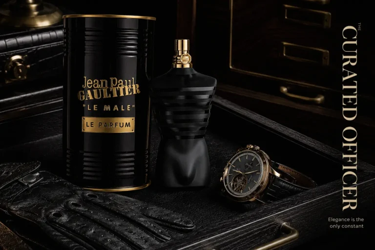A black and gold lacquered torso-shaped bottle of Jean Paul Gaultier Le Male Le Parfum on a dark surface.