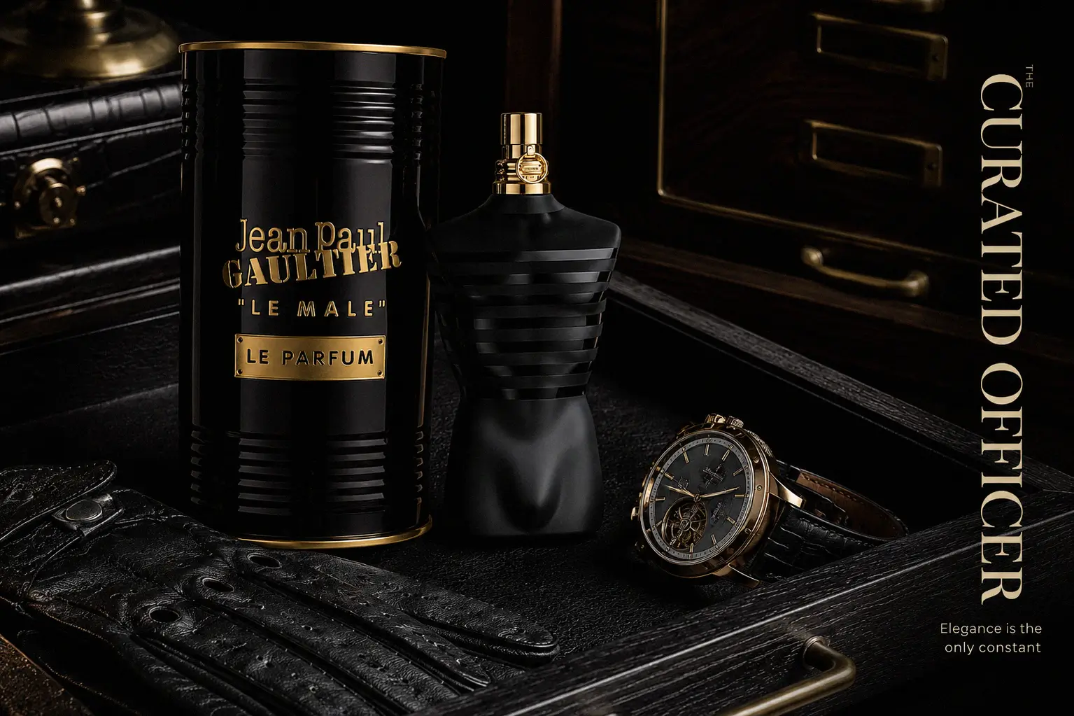 A black and gold lacquered torso-shaped bottle of Jean Paul Gaultier Le Male Le Parfum on a dark surface.