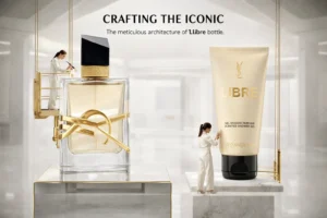 YSL Libre Eau de Parfum and shower gel in a luxury black and gold gift box on a white surface.