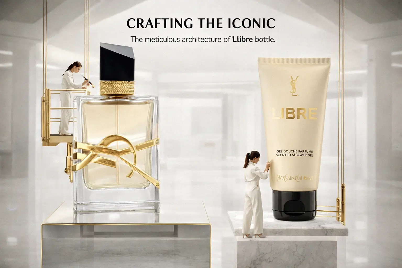 YSL Libre Eau de Parfum and shower gel in a luxury black and gold gift box on a white surface.