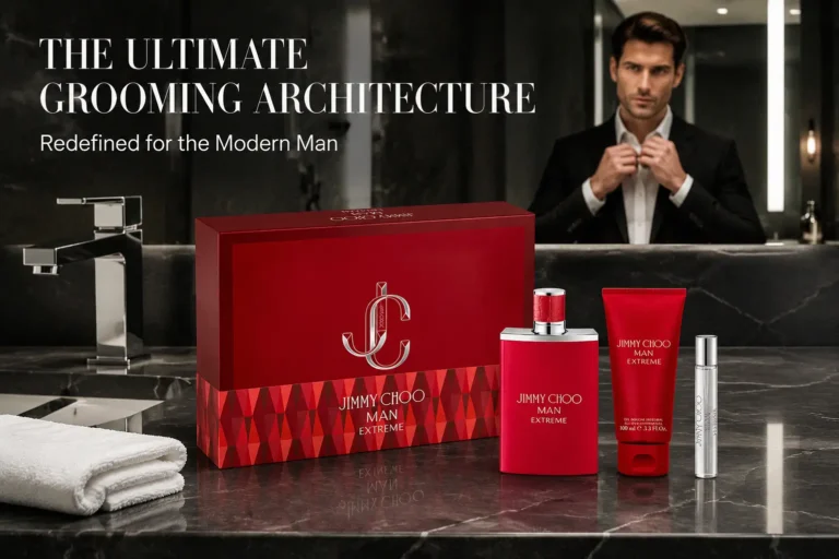 Jimmy Choo Man Extreme 3-piece gift set with red bottle, shower gel, and travel spray on a clean surface.