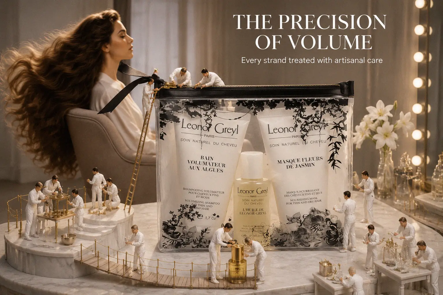 White pouch with Leonor Greyl Paris haircare bottles and tubes for volume on a clean surface.