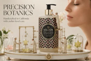 Frosted soft-touch bottle of Voluspa Pink Citron Grapefruit Hand Soap with a chrome gold collar on a marble counter.