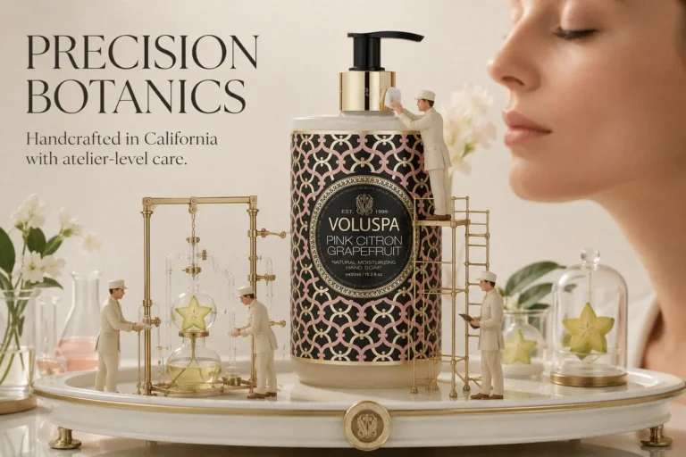Frosted soft-touch bottle of Voluspa Pink Citron Grapefruit Hand Soap with a chrome gold collar on a marble counter.