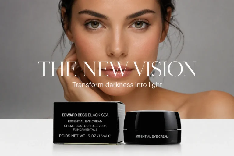 A sleek 0.5 oz jar of Edward Bess Black Sea Essential Eye Cream on a polished vanity surface.