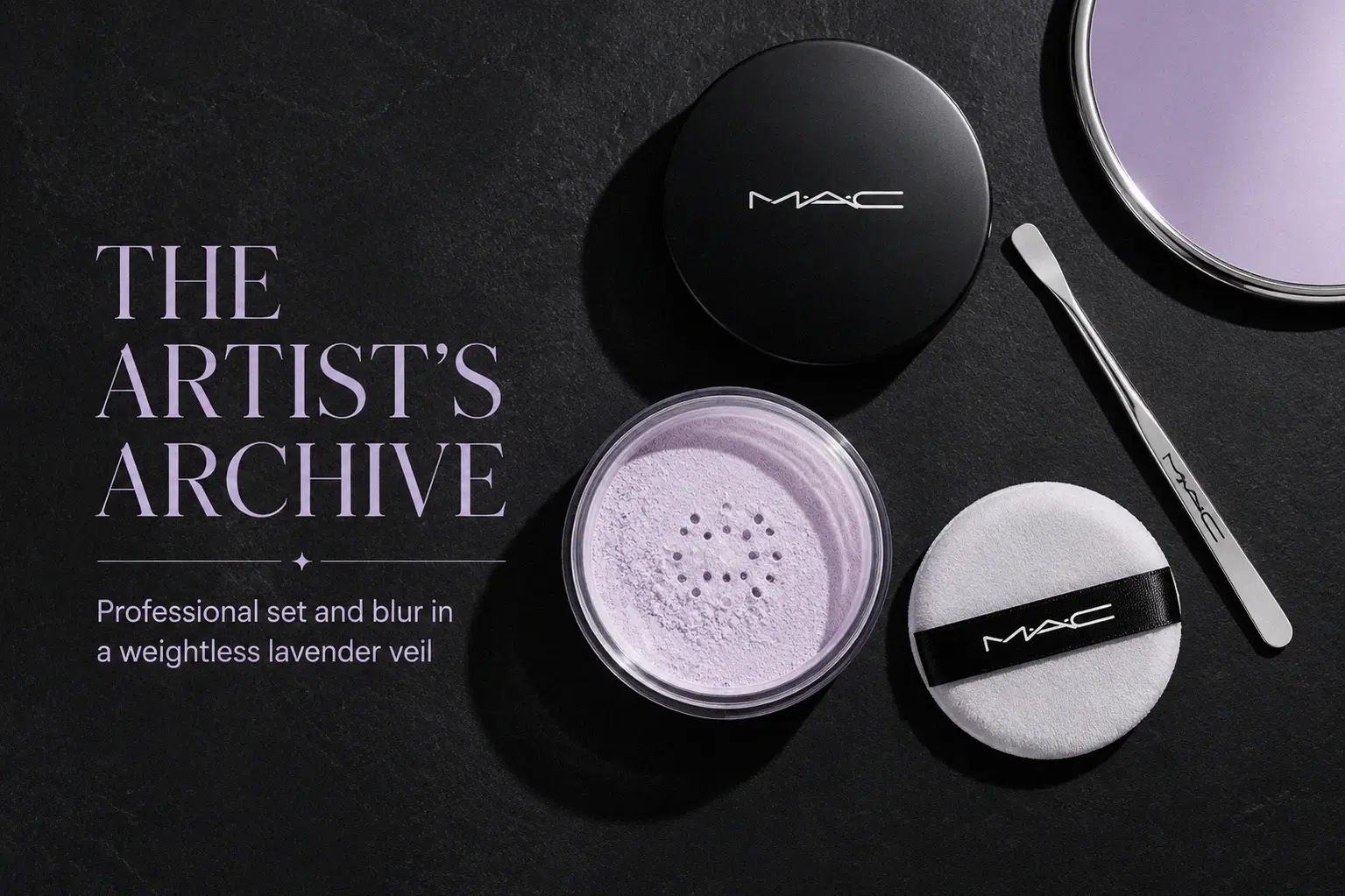 MAC Studio Fix Pro Set plus Blur Lavender powder in a clear jar with a black lid and plush puff.
