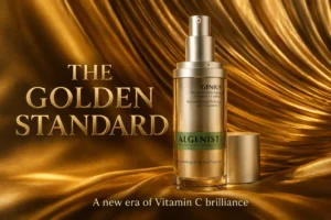 30ml pump bottle of Algenist Genius Vitamin C+ Serum on a clean white marble vanity.