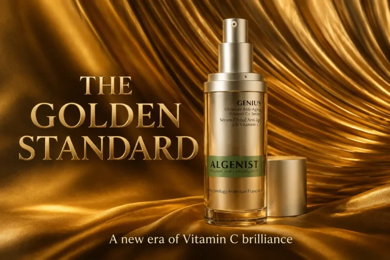 30ml pump bottle of Algenist Genius Vitamin C+ Serum on a clean white marble vanity.