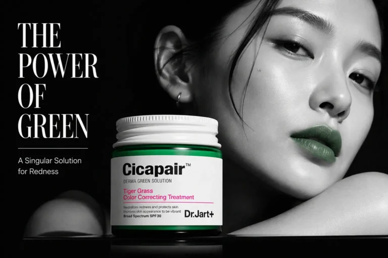 A glass jar of Dr. Jart+ Cicapair Tiger Grass Color Correcting Treatment with green cream inside on a white surface.