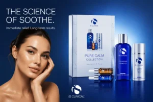 Four iS Clinical skincare products including blue and white tubes and bottles on a clean surface.