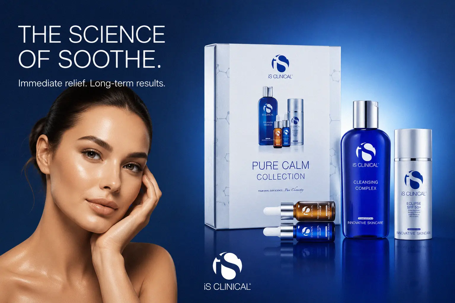 Four iS Clinical skincare products including blue and white tubes and bottles on a clean surface.