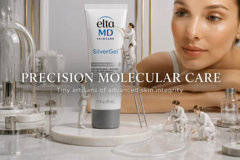 A clear 1.5 oz tube of EltaMD Silvergel Antimicrobial Wound Gel on a white marble surface.