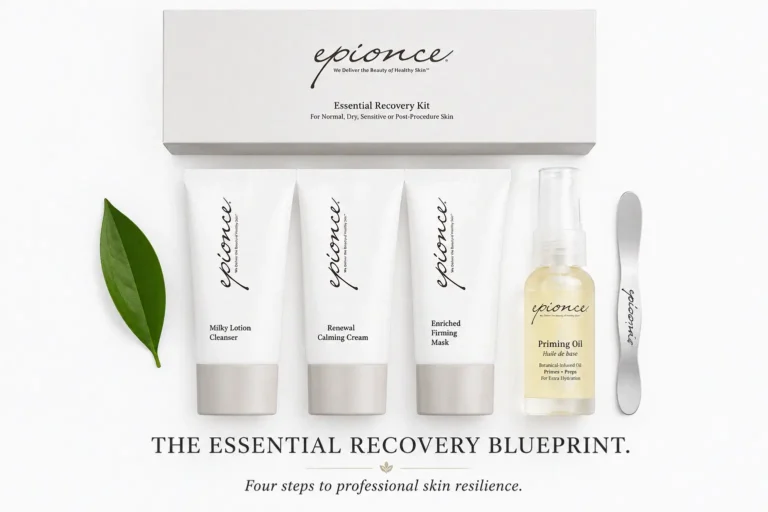 Four professional Epionce skincare products in white tubes and a bottle arranged on a clean white surface.