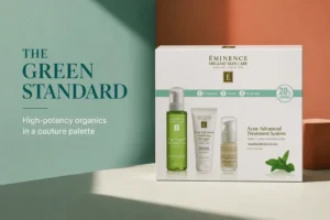 Three green and white bottles of the Eminence Organic Acne Advanced System on a white surface.