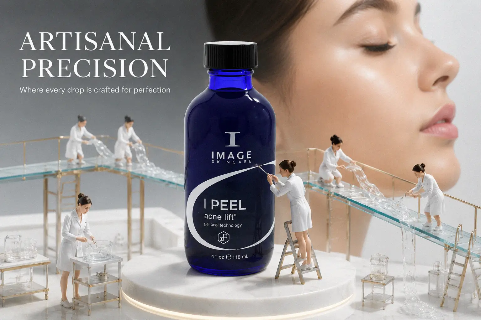 A professional bottle of Image Skincare I Peel Acne Lift Gel Peel Solution on a polished white surface.
