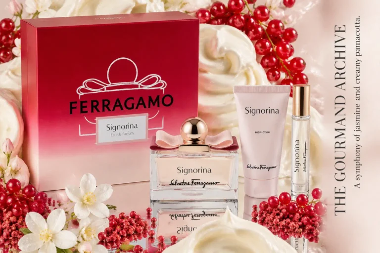 Three-piece Salvatore Ferragamo Signorina perfume set with a pink Vara bow bottle and travel spray in a box.
