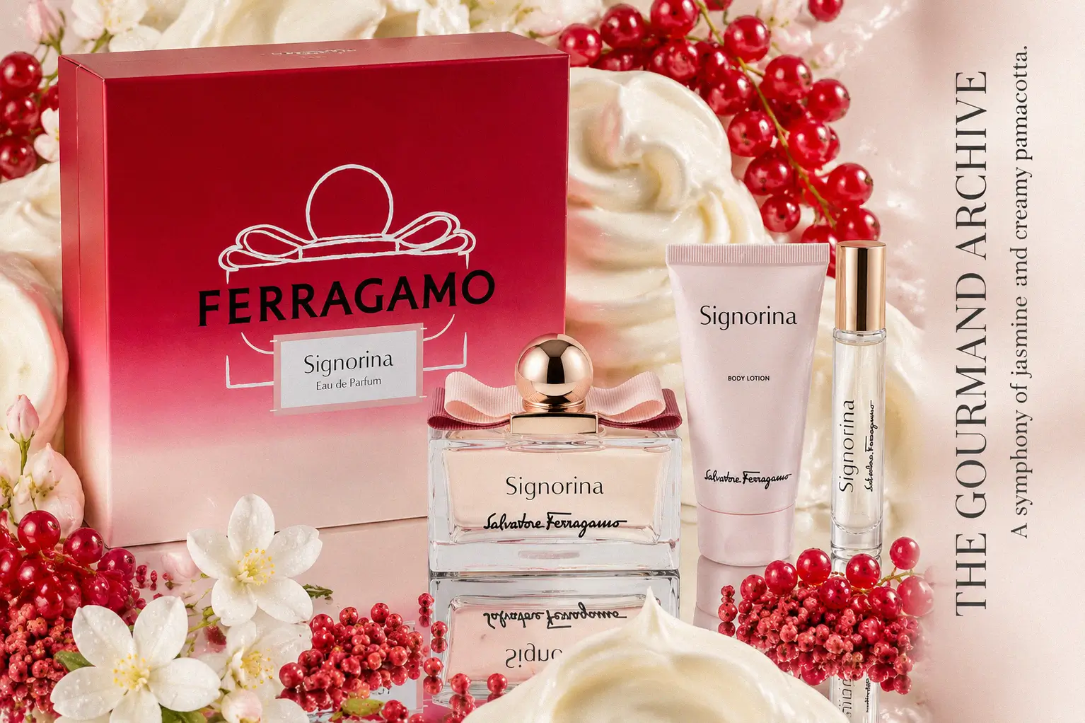 Three-piece Salvatore Ferragamo Signorina perfume set with a pink Vara bow bottle and travel spray in a box.