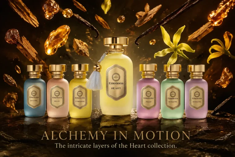 A seven-piece perfume gift set featuring one heart-shaped bottle and six small travel sprays on a clean surface.