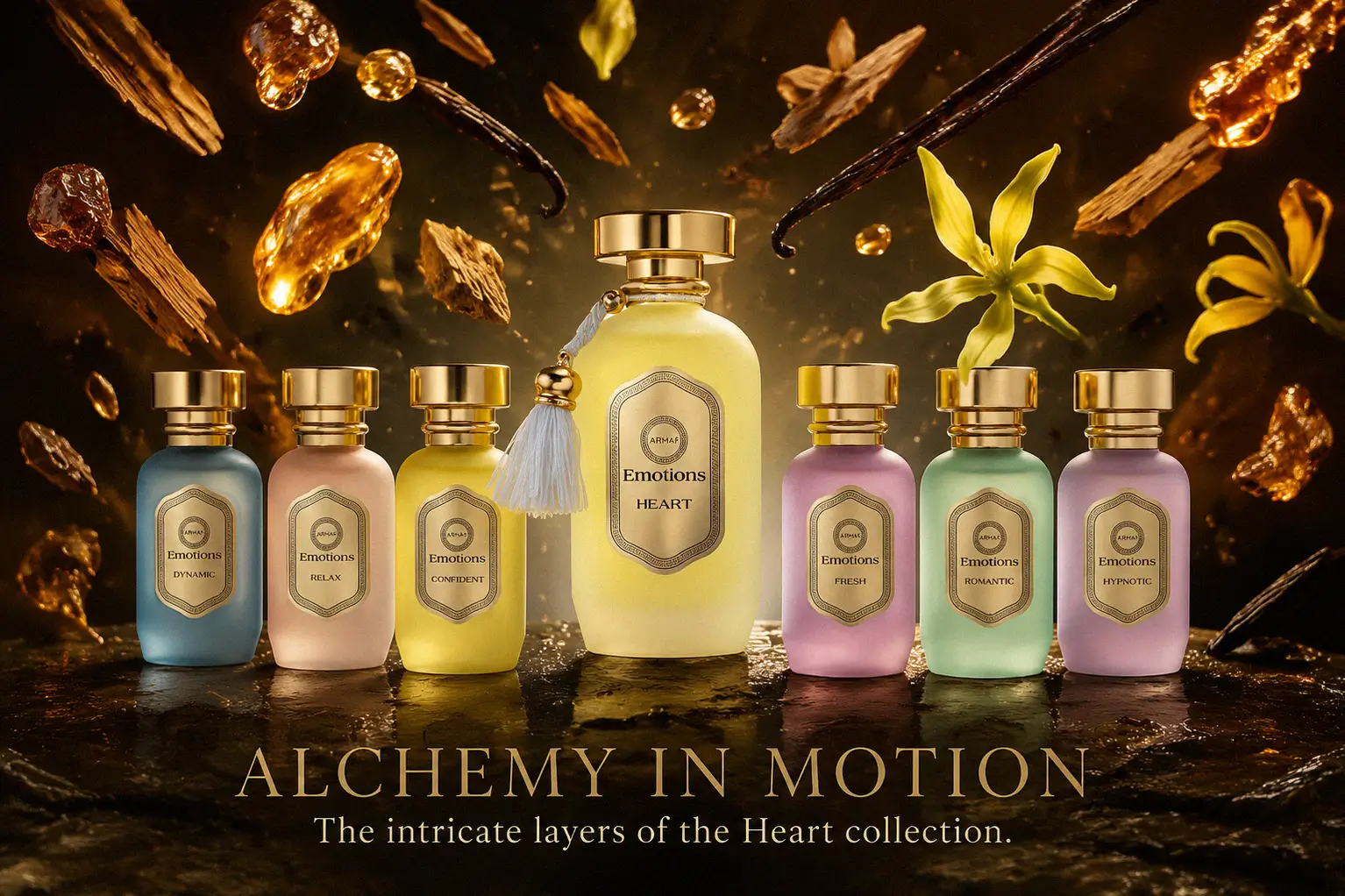 A seven-piece perfume gift set featuring one heart-shaped bottle and six small travel sprays on a clean surface.