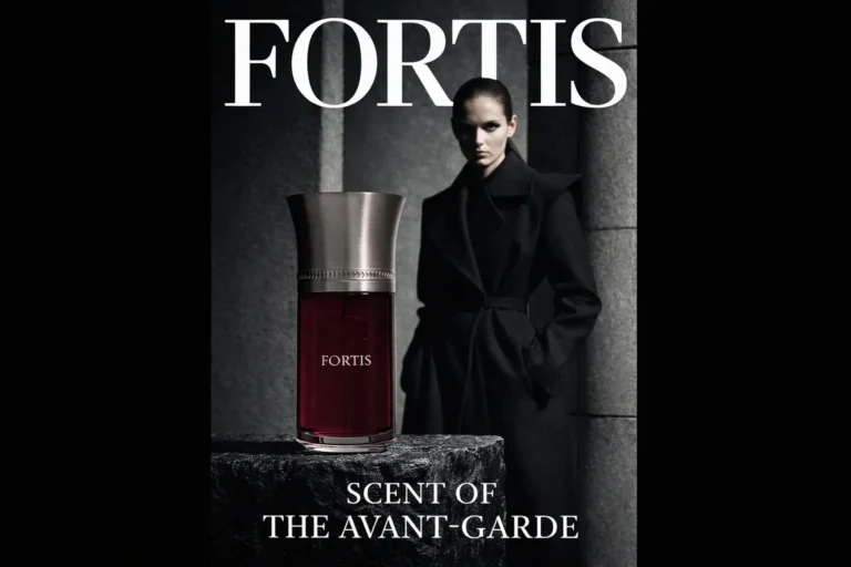 A tall glass bottle of Liquides Imaginaires Fortis with a textured silver metal cap on a plain background.