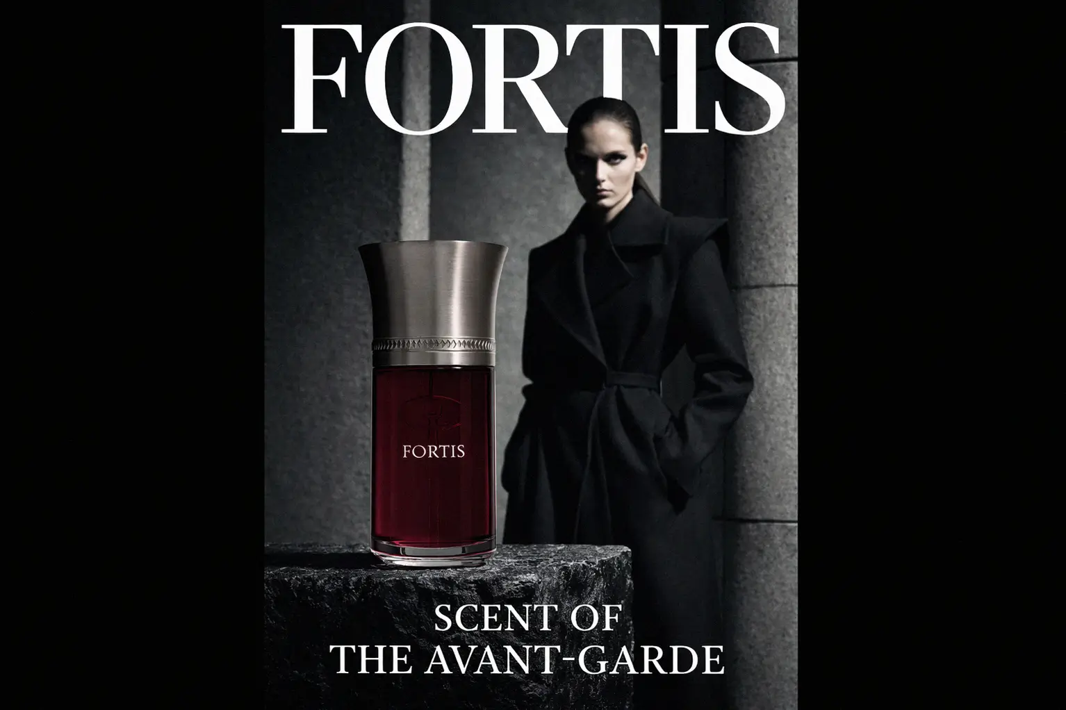 A tall glass bottle of Liquides Imaginaires Fortis with a textured silver metal cap on a plain background.