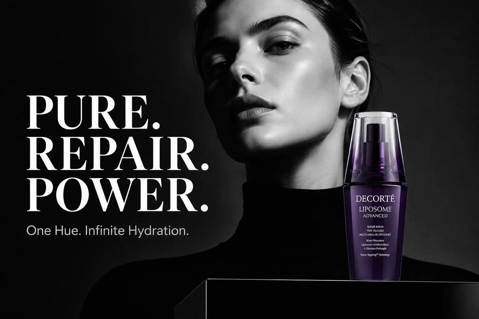 Glass pump bottle of Cosme Decorte Liposome Advanced Repair Serum on a minimalist white vanity.