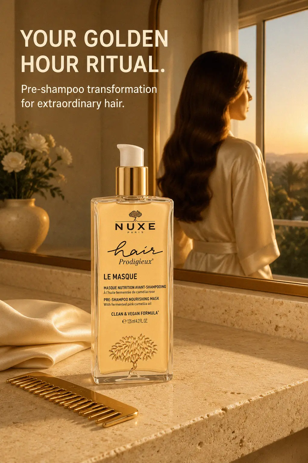 Glossy hair treatment with pink camellia oil
