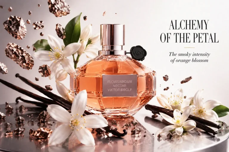 A faceted glass bottle of Flowerbomb Nectar with a rose gold liquid and black seal.