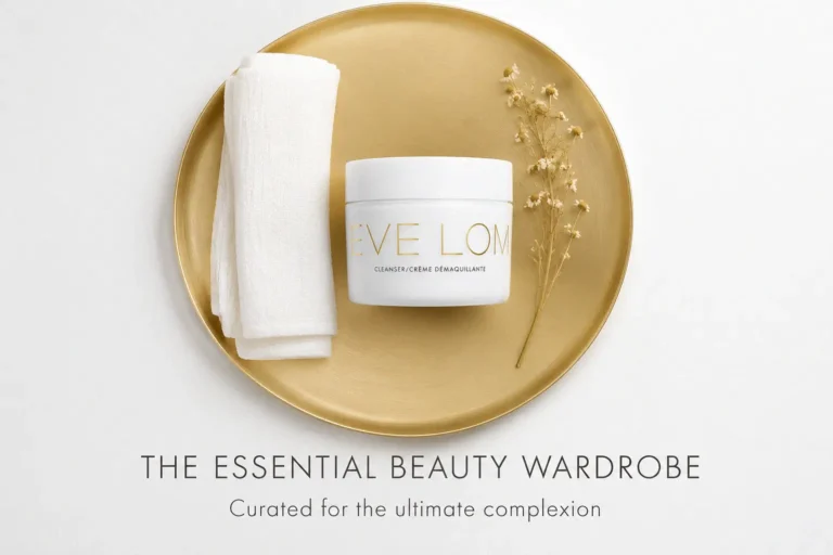 White jar of Eve Lom Cleanser sitting next to its signature white cotton muslin cloth on a bathroom counter.