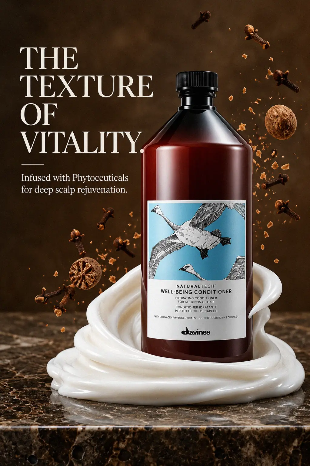 Luxury hair care bottle in a bright airy bathroom setting