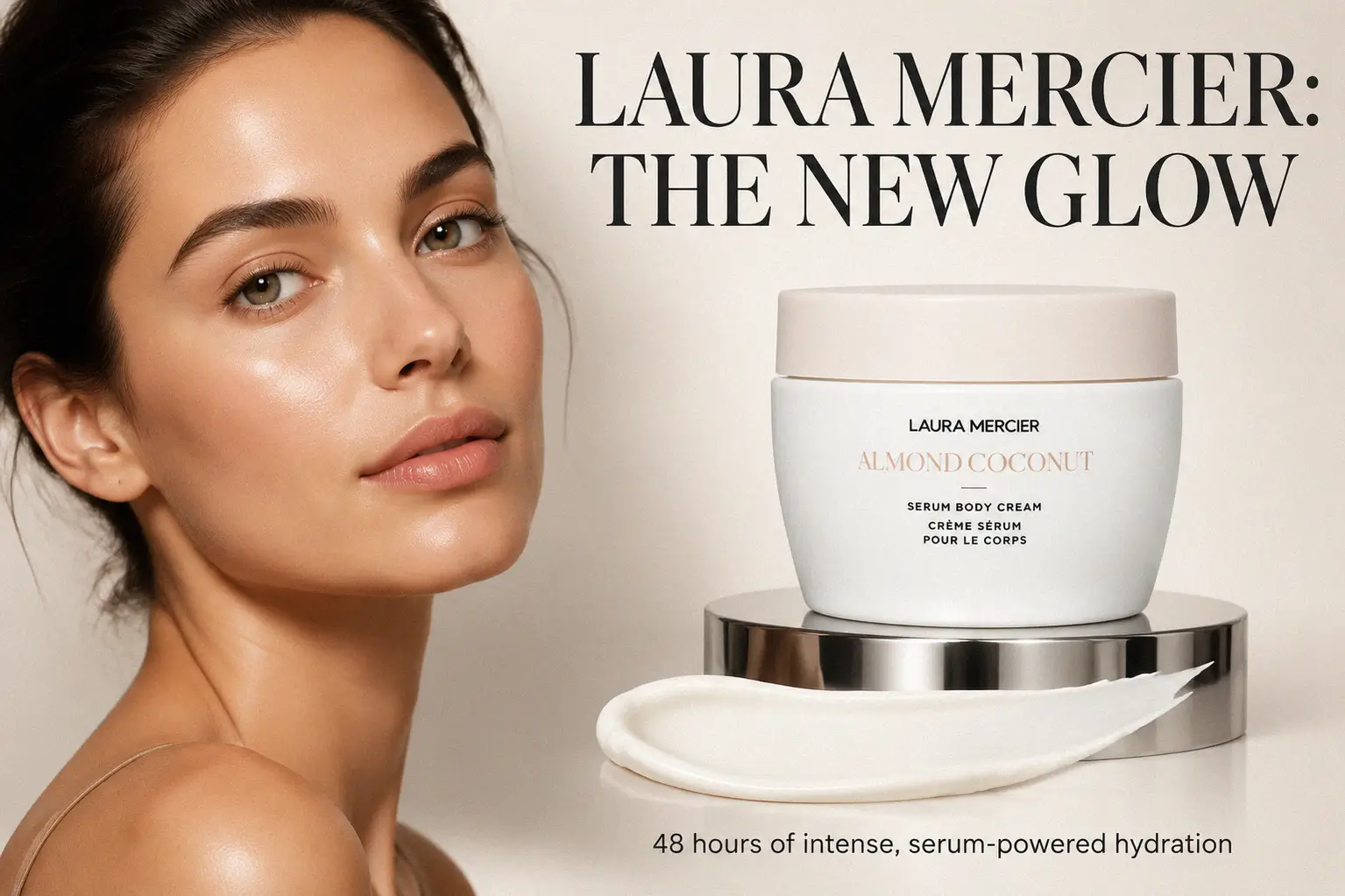 Close-up of Laura Mercier Almond Coconut Serum Body Cream jar on a marble vanity with soft lighting.