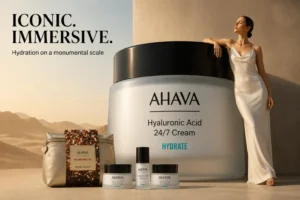 Four AHAVA skincare products arranged neatly, featuring blue and white packaging for the Hydration Obsession Set.