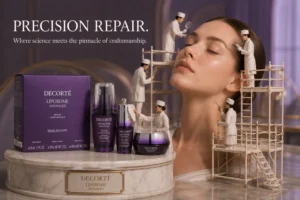 Three elegant purple Decorté Liposome Advanced Repair bottles arranged on a clean white surface.