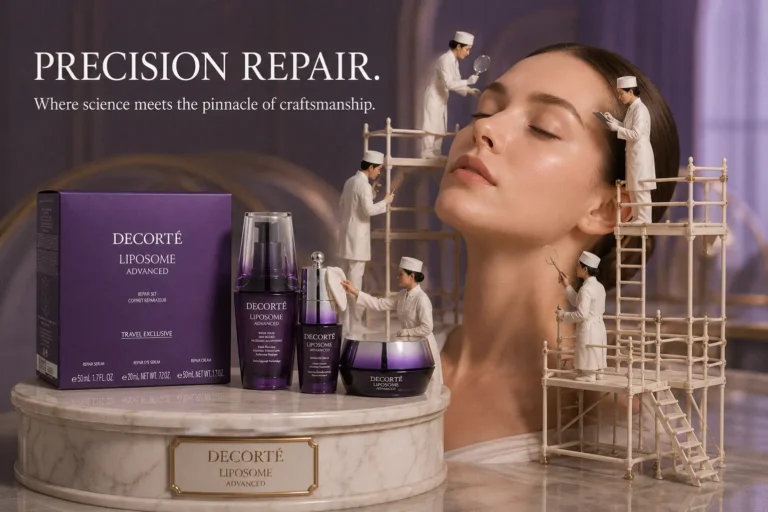 Three elegant purple Decorté Liposome Advanced Repair bottles arranged on a clean white surface.