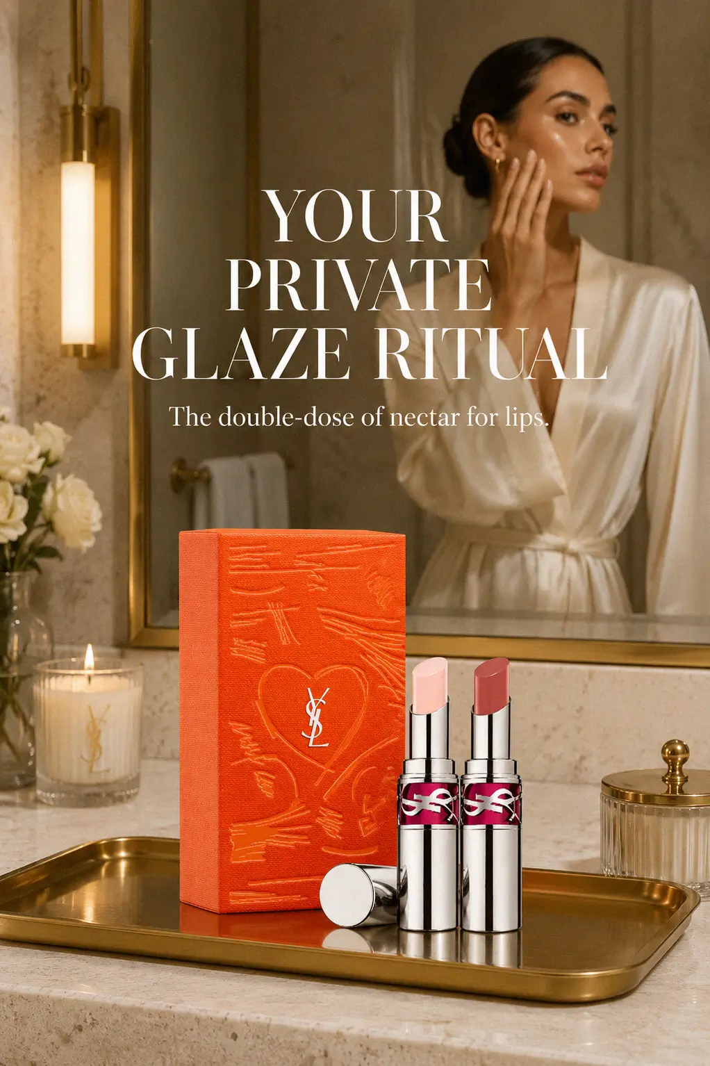 High-shine lip finish and YSL gloss texture detail