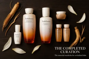 A premium 6-piece Sulwhasoo Essential Revitalizing Set displayed on a marble vanity with gold accents.